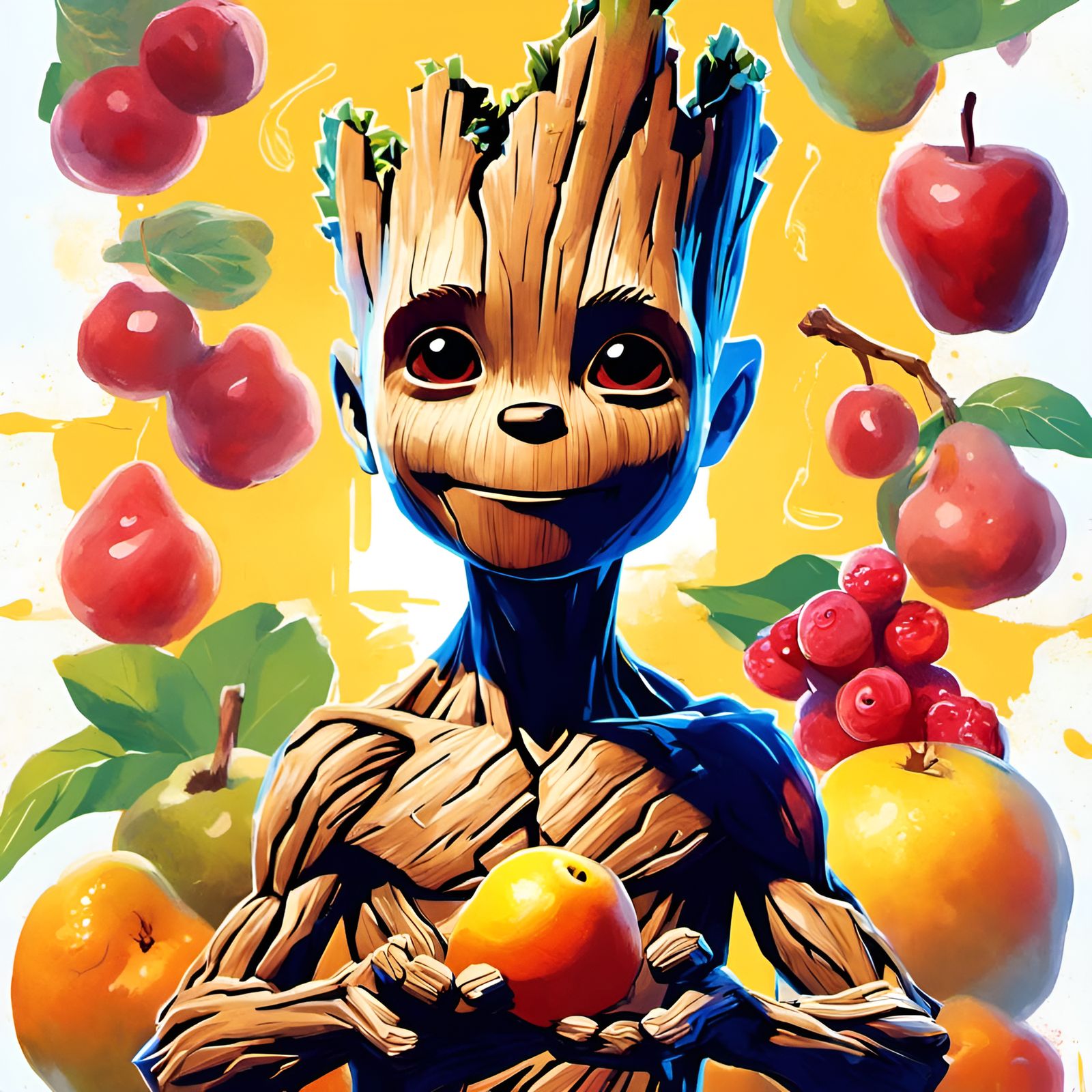 Groot Portrait Surrounded by Fruit in Pixar Style