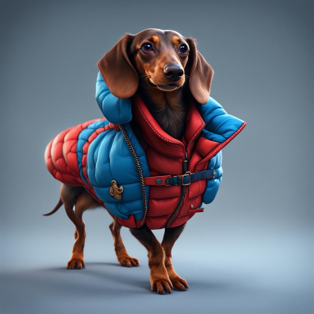 Dachshund in Blue Puffy Jacket: Detailed Matte Painting