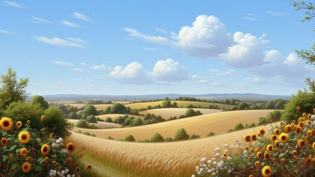 Golden Wheat and Sunflower Fields in Impressionistic Style