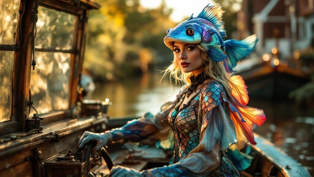 Confident Canal Boat Captain in Vibrant Aquatic Costume
