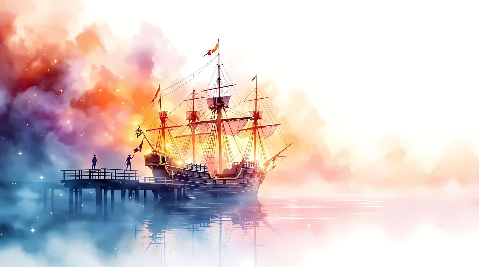 Whimsical Sunset Watercolor of Pirate Ship in Misty Harbor