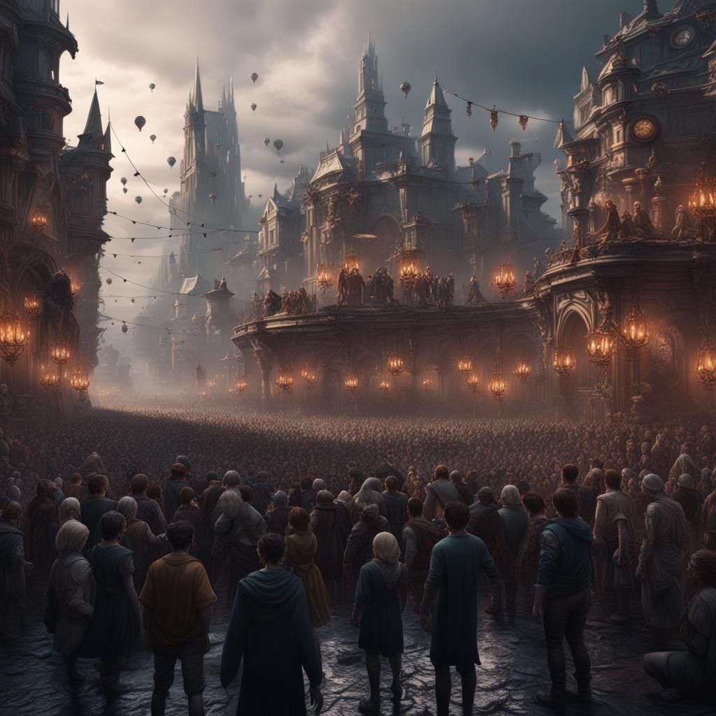 Detailed Crowd Scene in Fantasy Concept Art Style