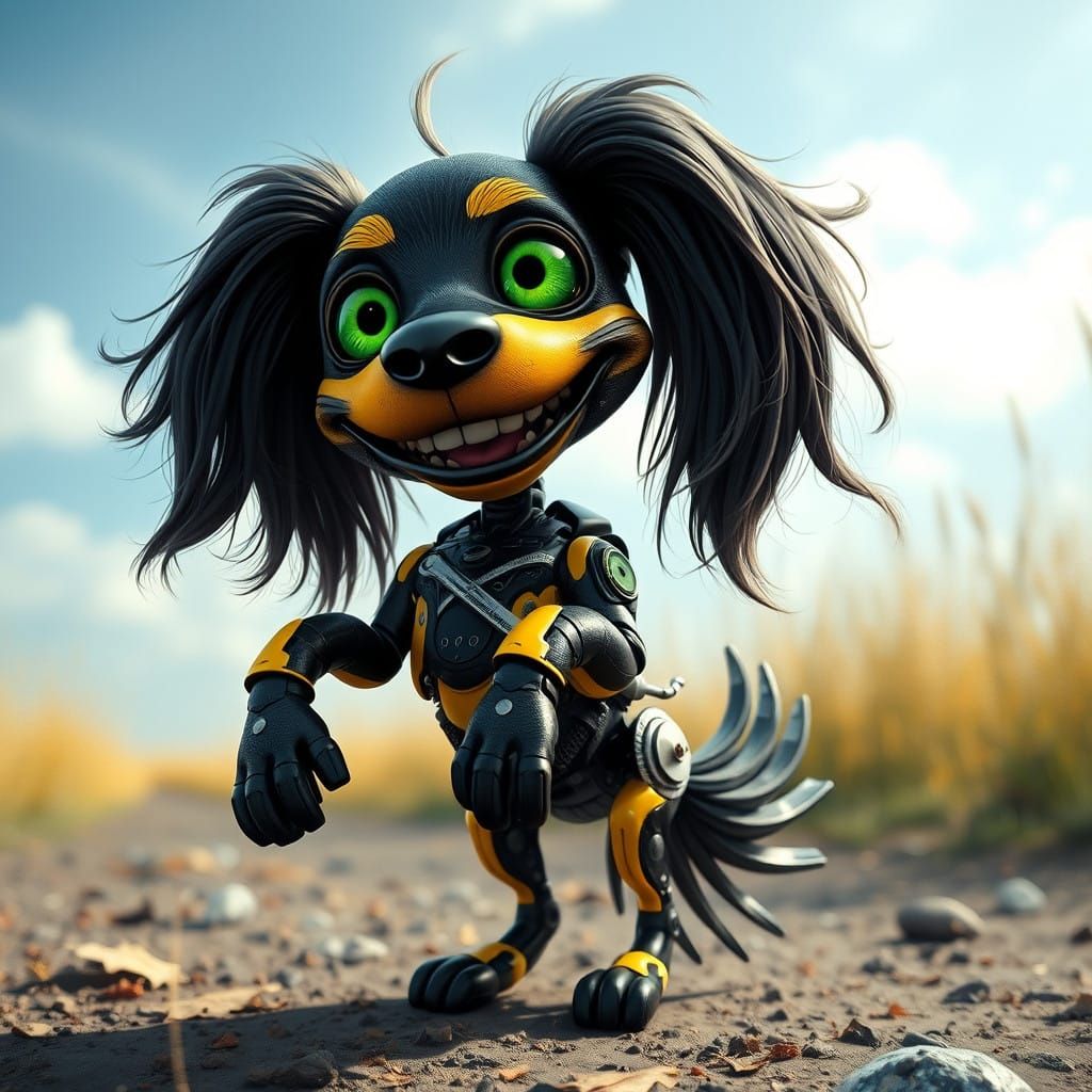 Surreal Cyberpunk Dog in Steampunk Attire Poses in Energetic...