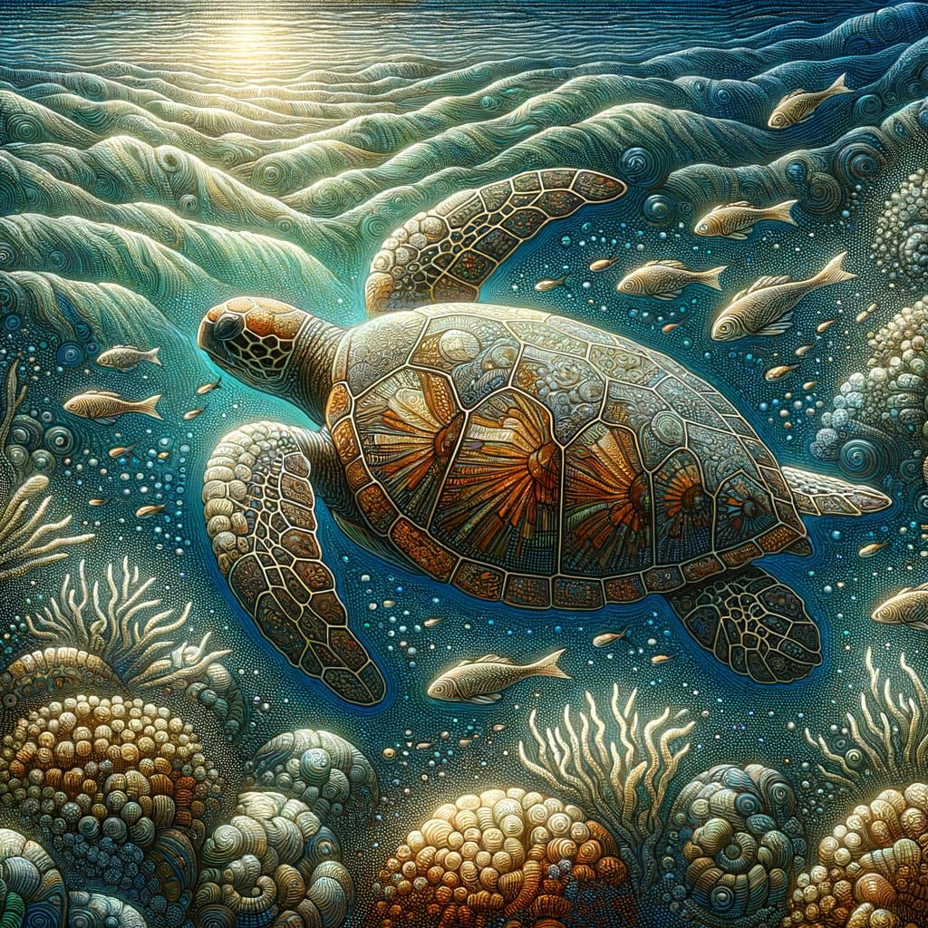 A majestic sea turtle with intricate, textured patterns etch...