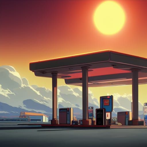 Gas Station on Mars in Anime Style