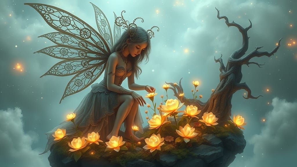 Whimsical Woman with Clockwork Wings in Ethereal Garden