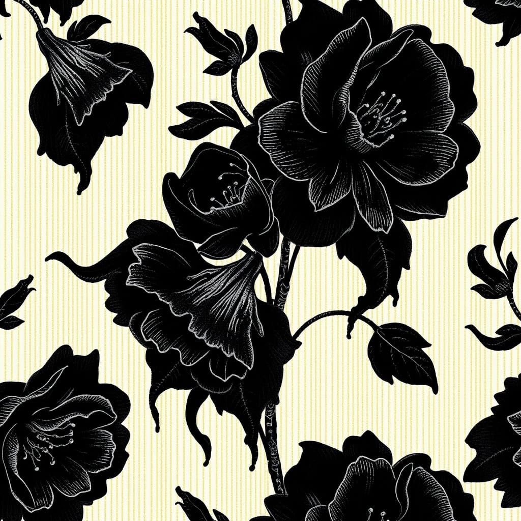 Black Flowers on Gold Pinstripes Toile Fabric Print