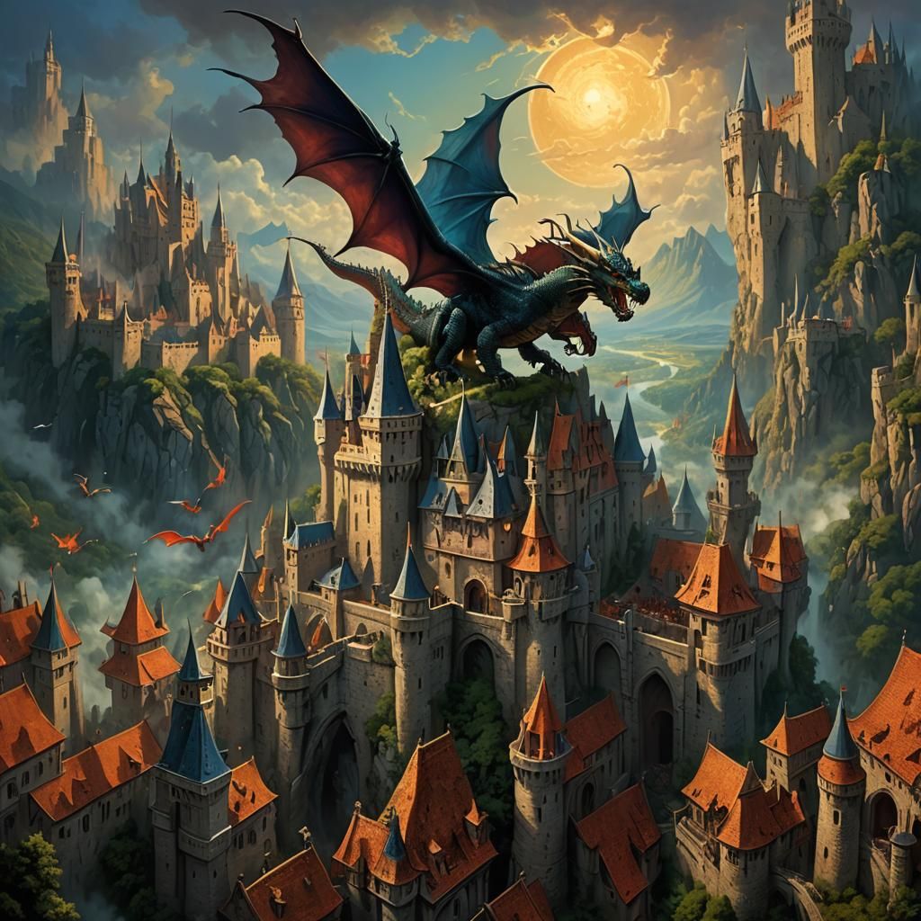 Majestic Dragon Soaring Over Medieval Castle