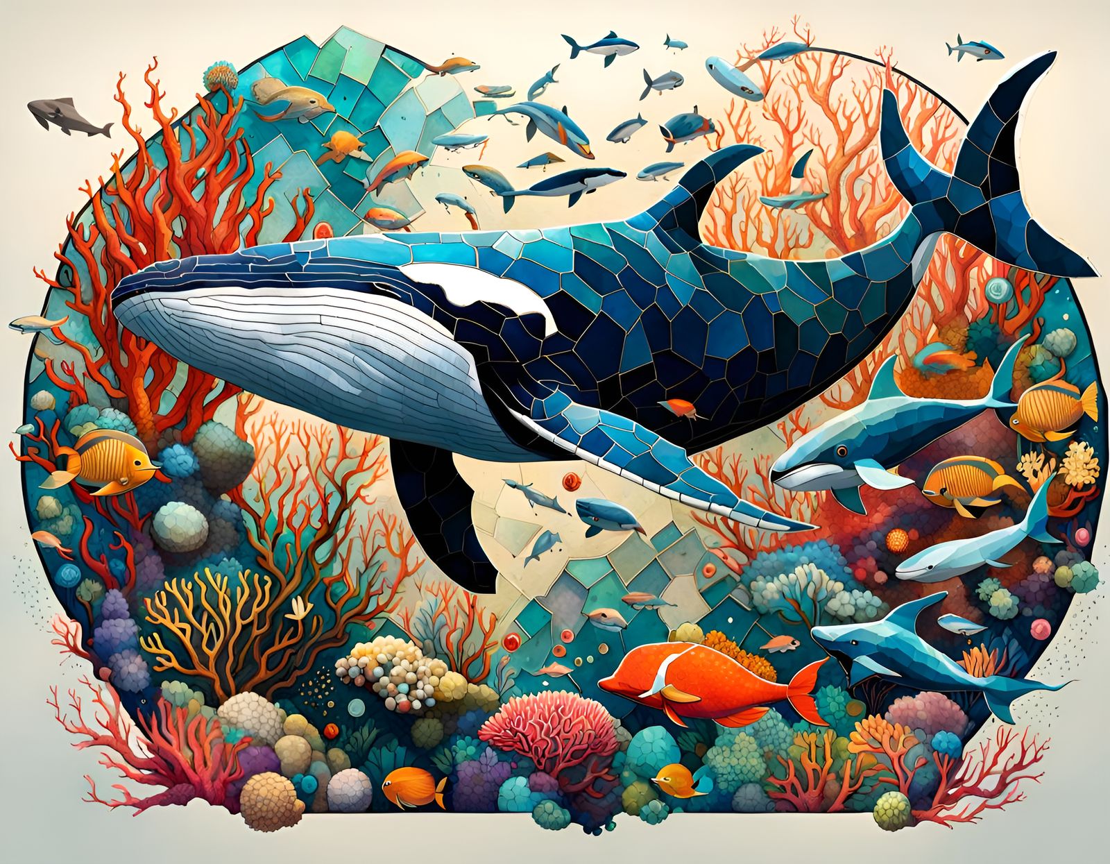 Mosaic Coral Reef and Whale in Cel-Shaded 3D