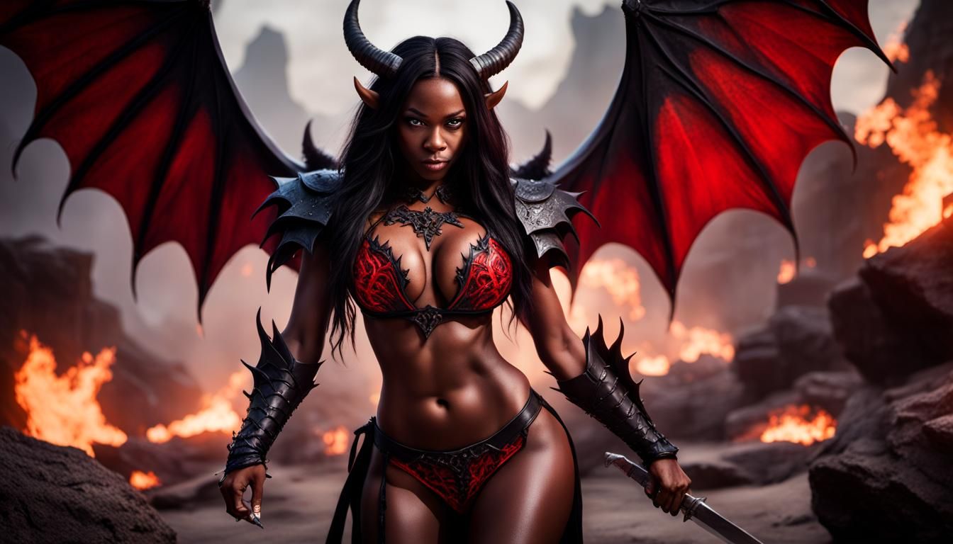 Ebony Demoness with Sword in Fiery Abyss