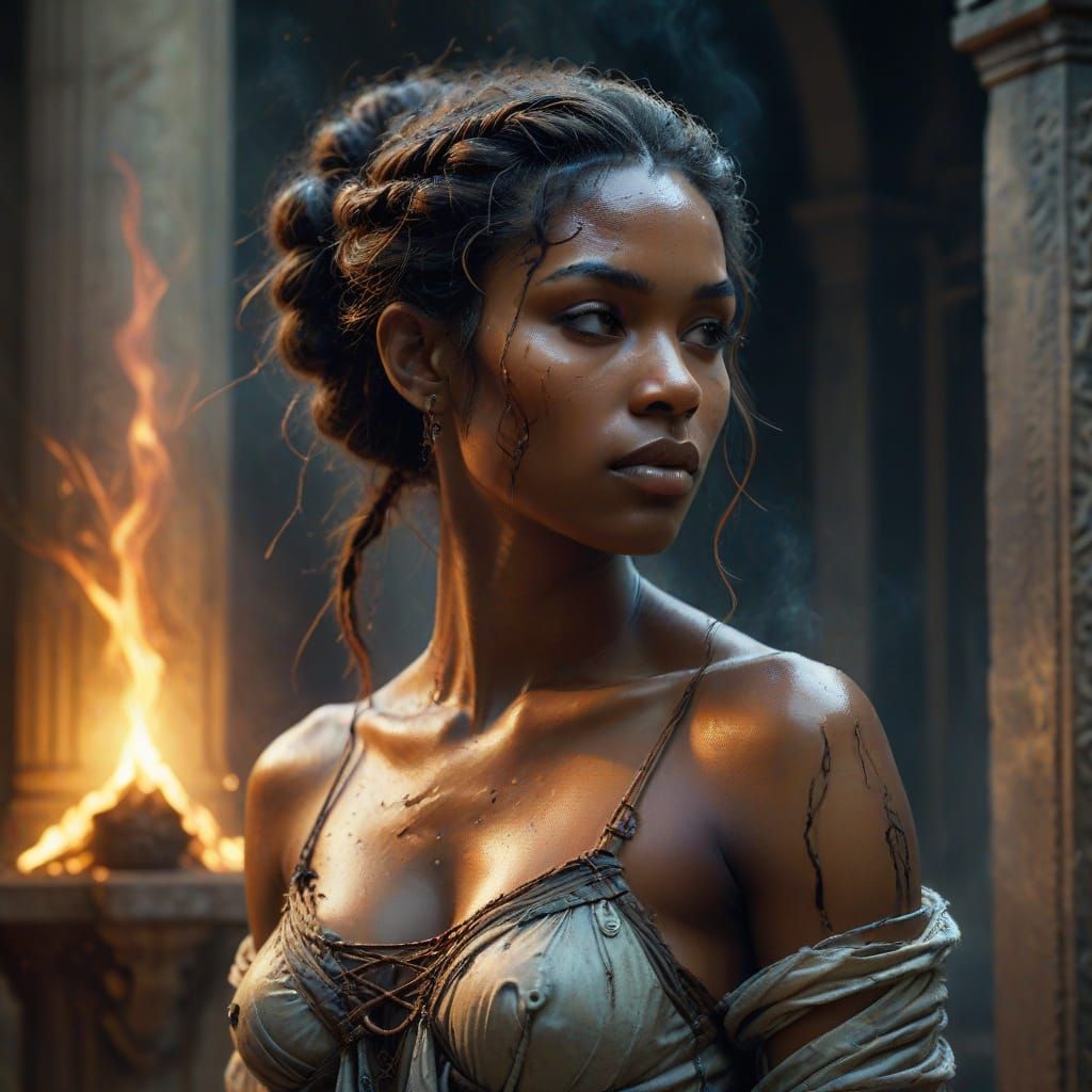 Ethereal Ebony Goddess Contemplates Cosmos in Ancient Hues