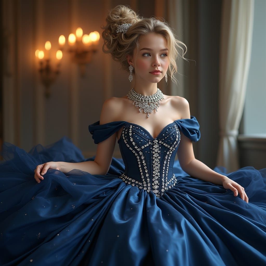 Elegant Young Woman in Dark Blue Gown with Elaborate Bun and...