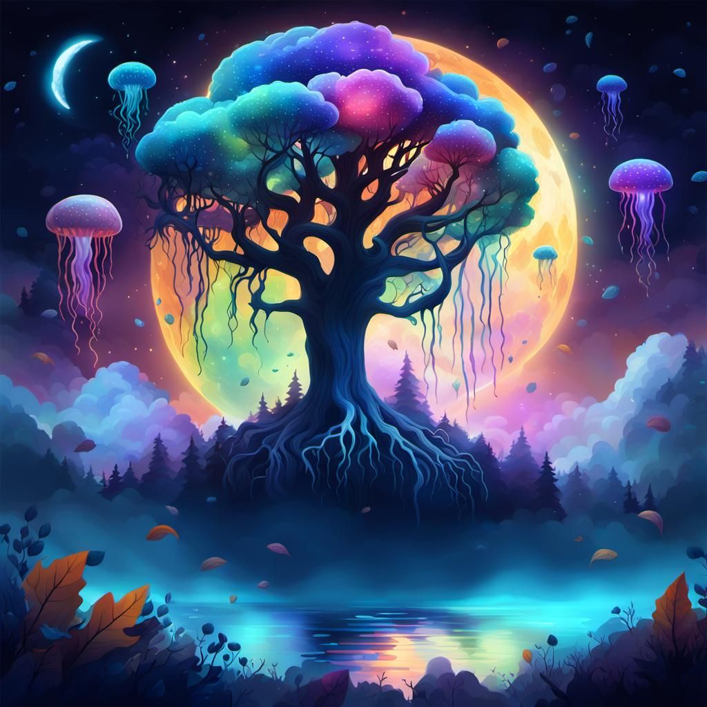 Mystical Mist Tree with Jellyfish, Zentangle Style