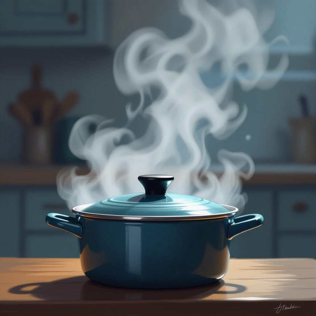 Pot Lid Battles Strong Steam in Dramatic Digital Painting
