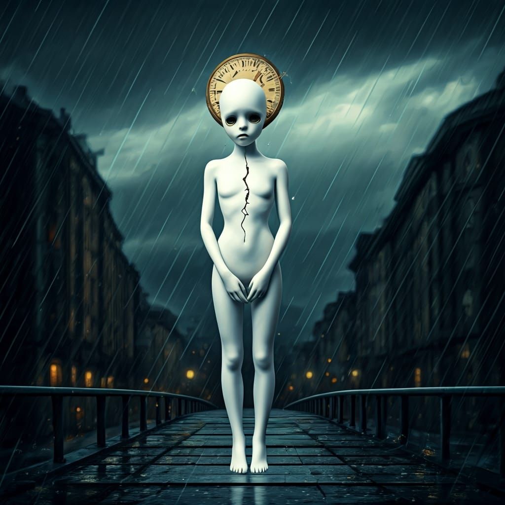 Porcelain Figure on Ephemeral Bridge in Watercolor Style