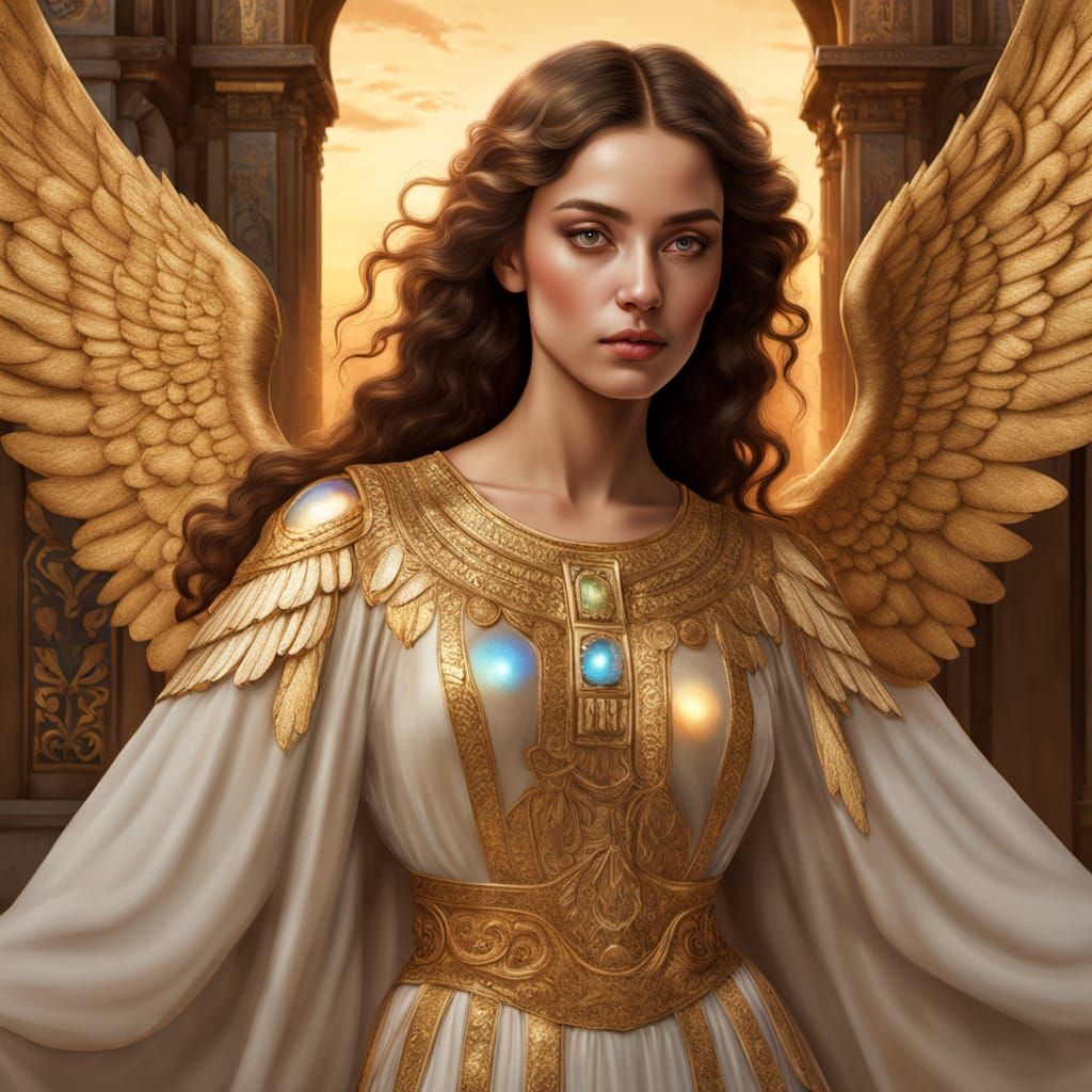 Angel Over Temple in Klimt-Inspired Digital Painting