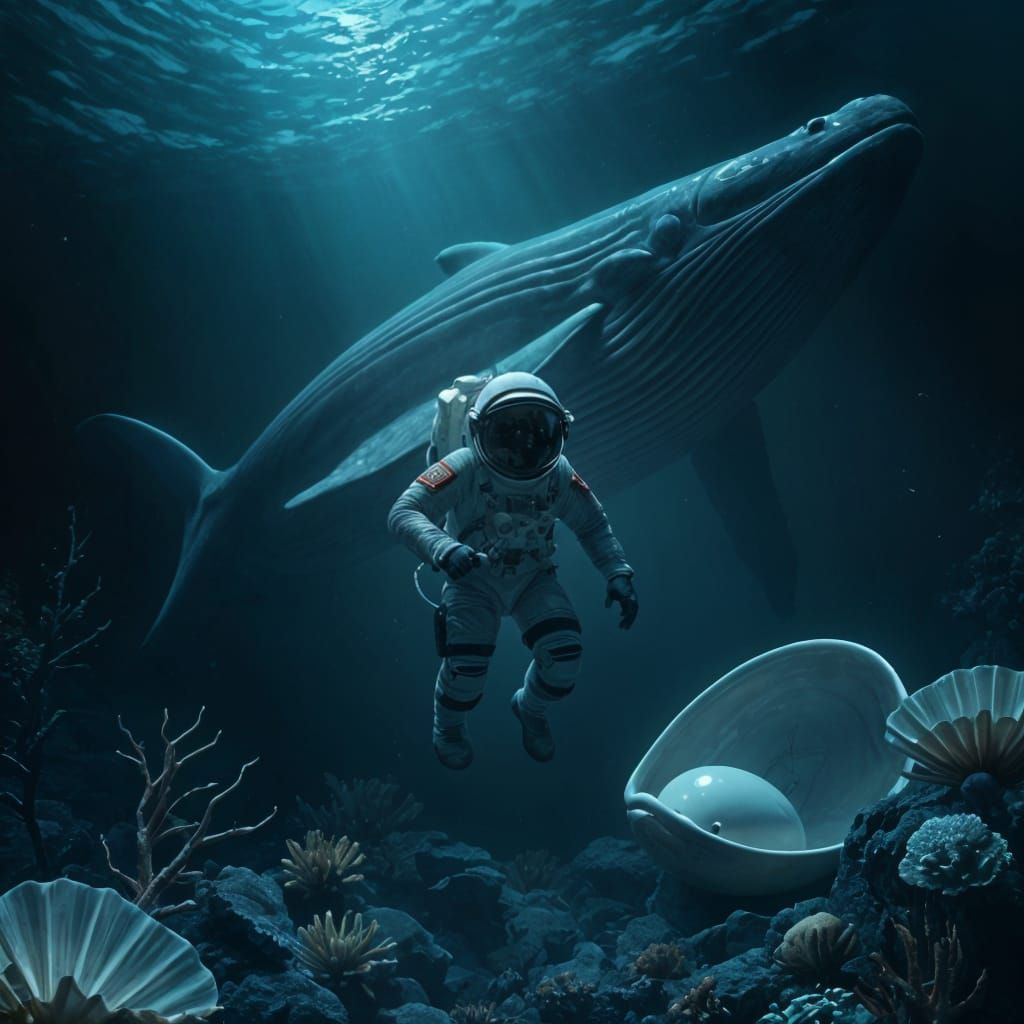 Astronaut Adrift with Whale and Pearl in Dark Depths