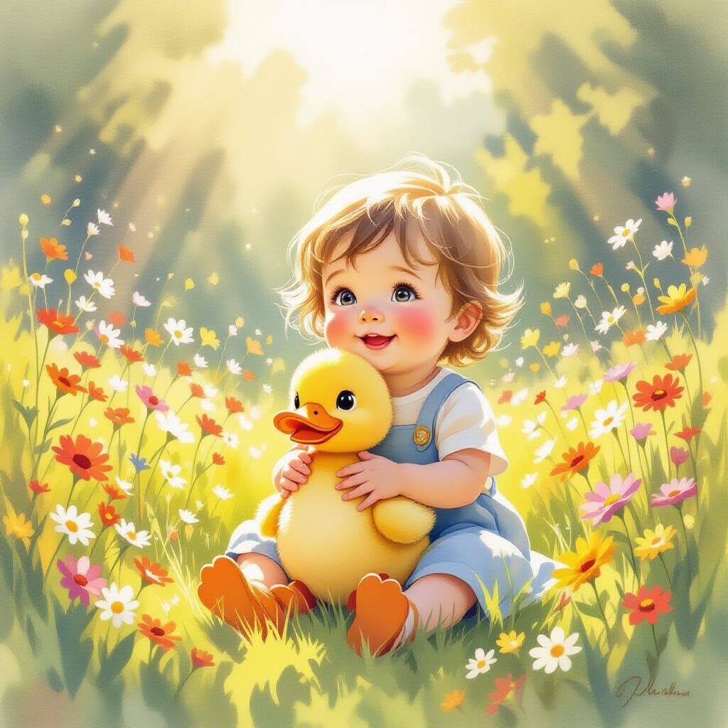 Toddler With Duck Toy in Sunlit Wildflower Meadow
