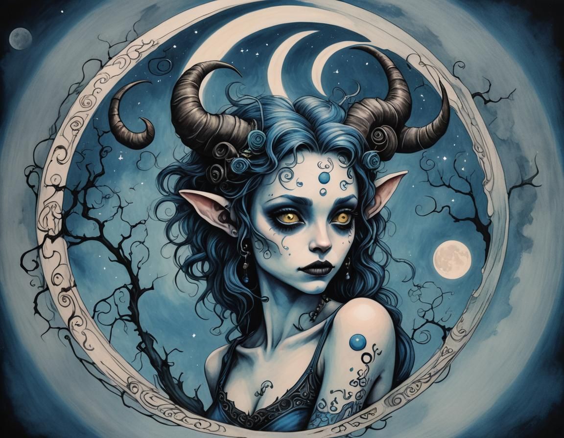 Female Satyr with Tattoos Under Blue Moon