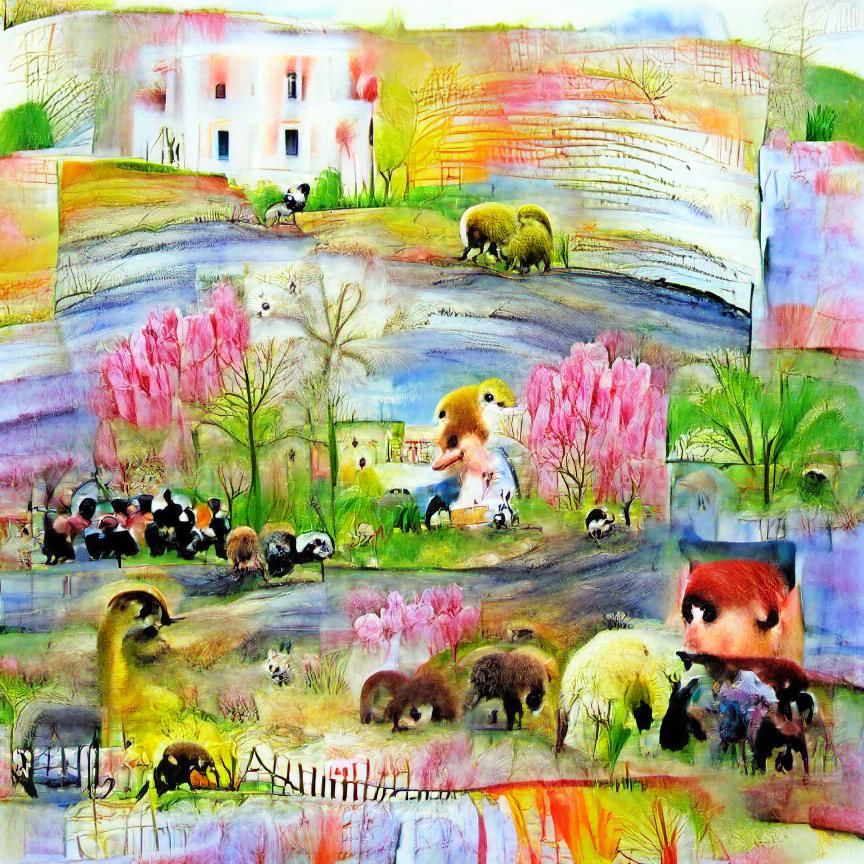 Spring landscape with baby animals artwork impressionism mix...