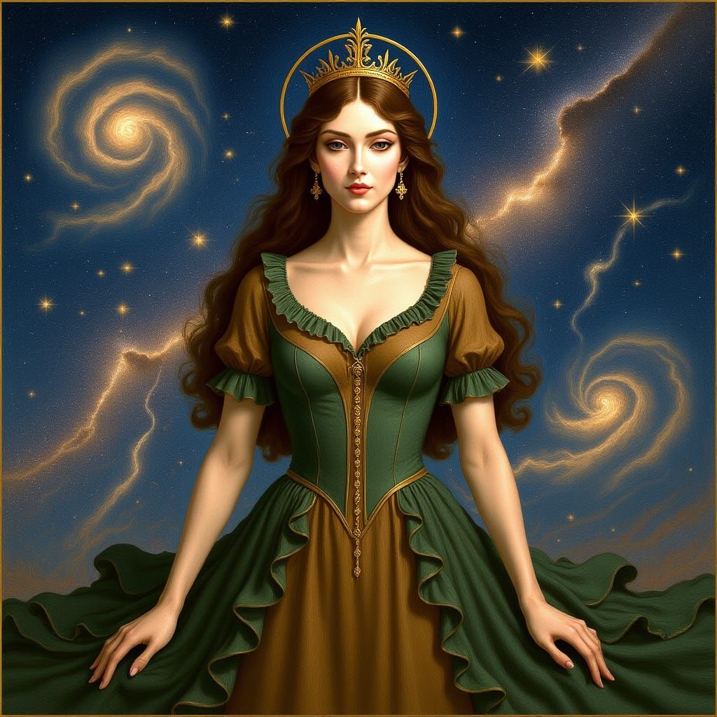 Cosmic Goddess in Emerald Gown Amidst Galaxy