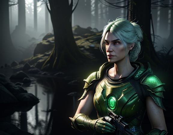 Female Amphiboid in Mystical Forest, 3D Render