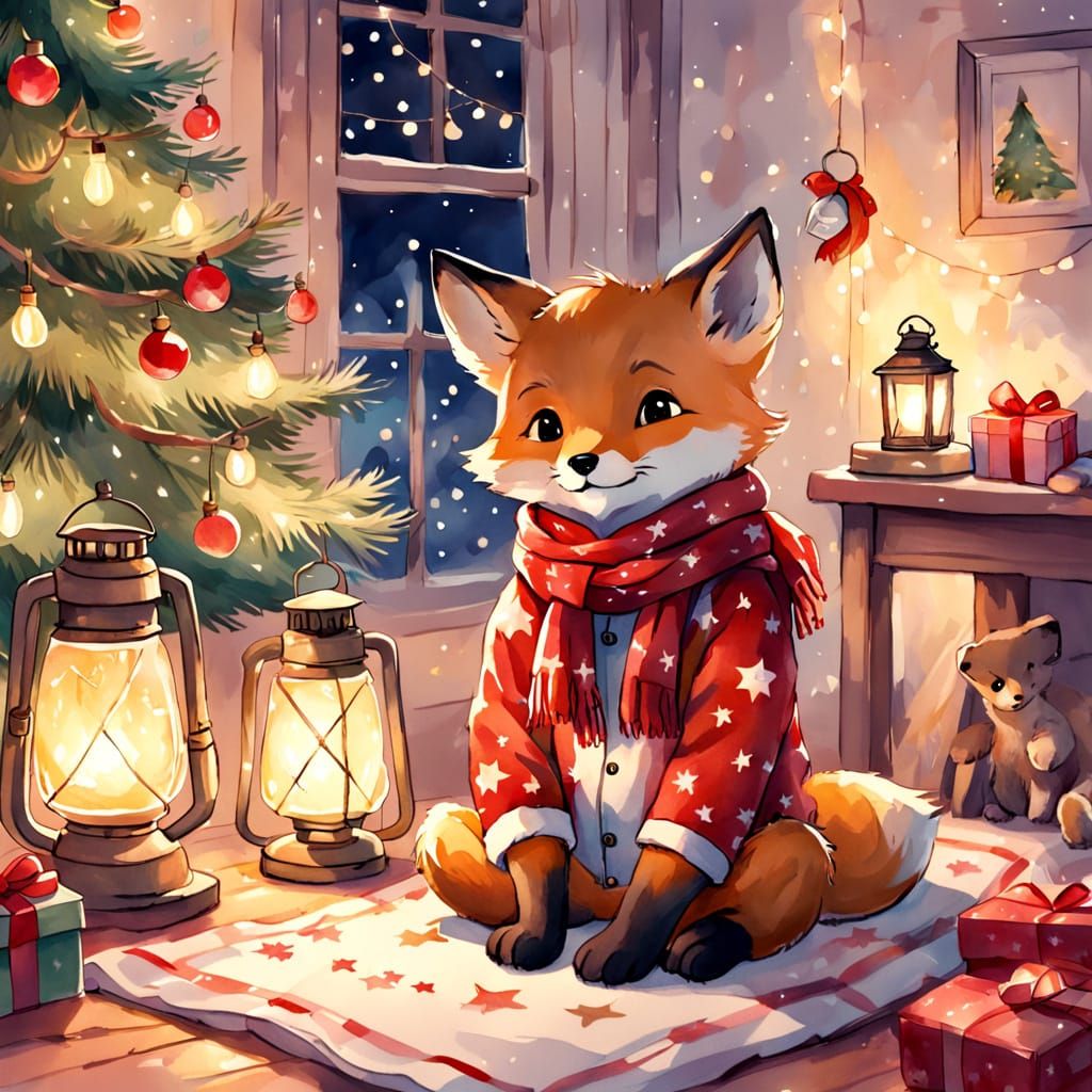 Adorable Fox Cub in Pajamas with Lantern, Cozy Christmas Roo...