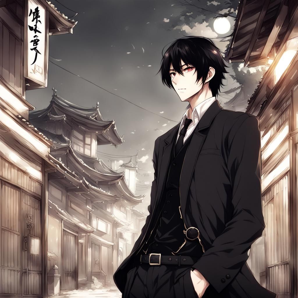 Handsome Boy with Black Hair in Anime Style