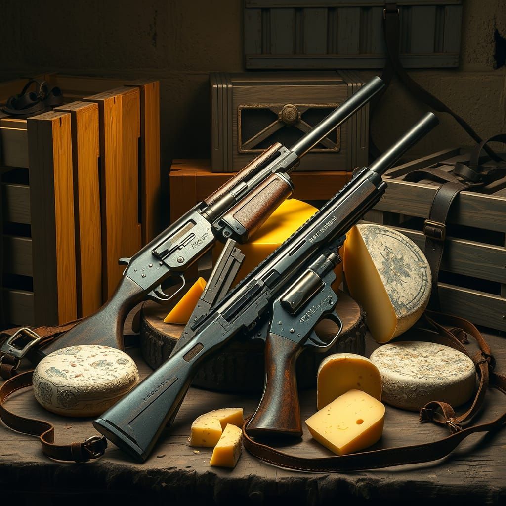 Industrial Futurist Still Life of Guns and Cheese
