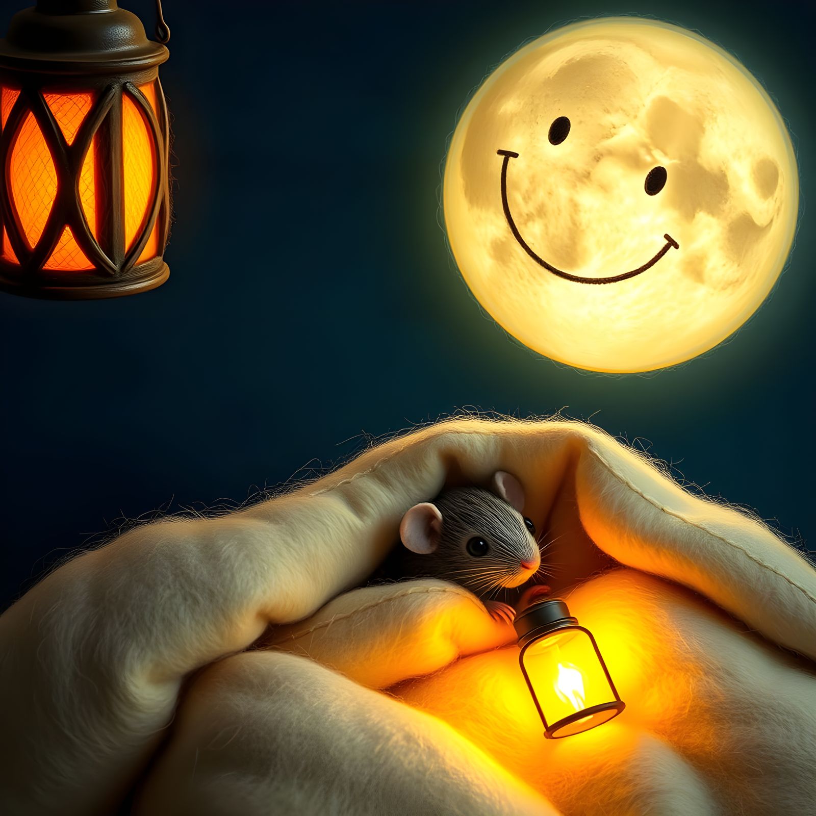 Cozy Felt Mouse Under Smiling Moon