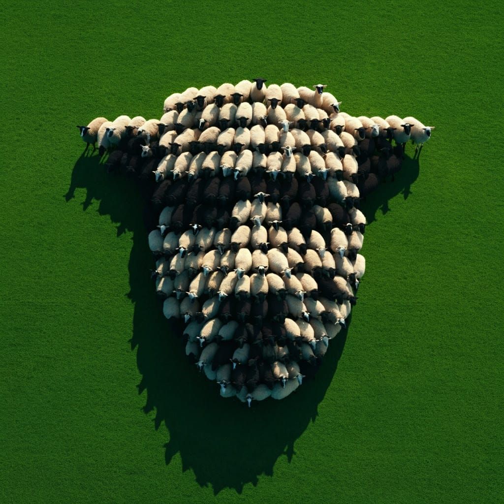 Surreal Sheep Face Forms in Emerald Green Field