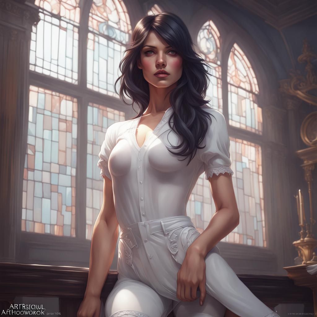 Detailed Portrait of Girl in Hosiery, Artstation Triadic Col...