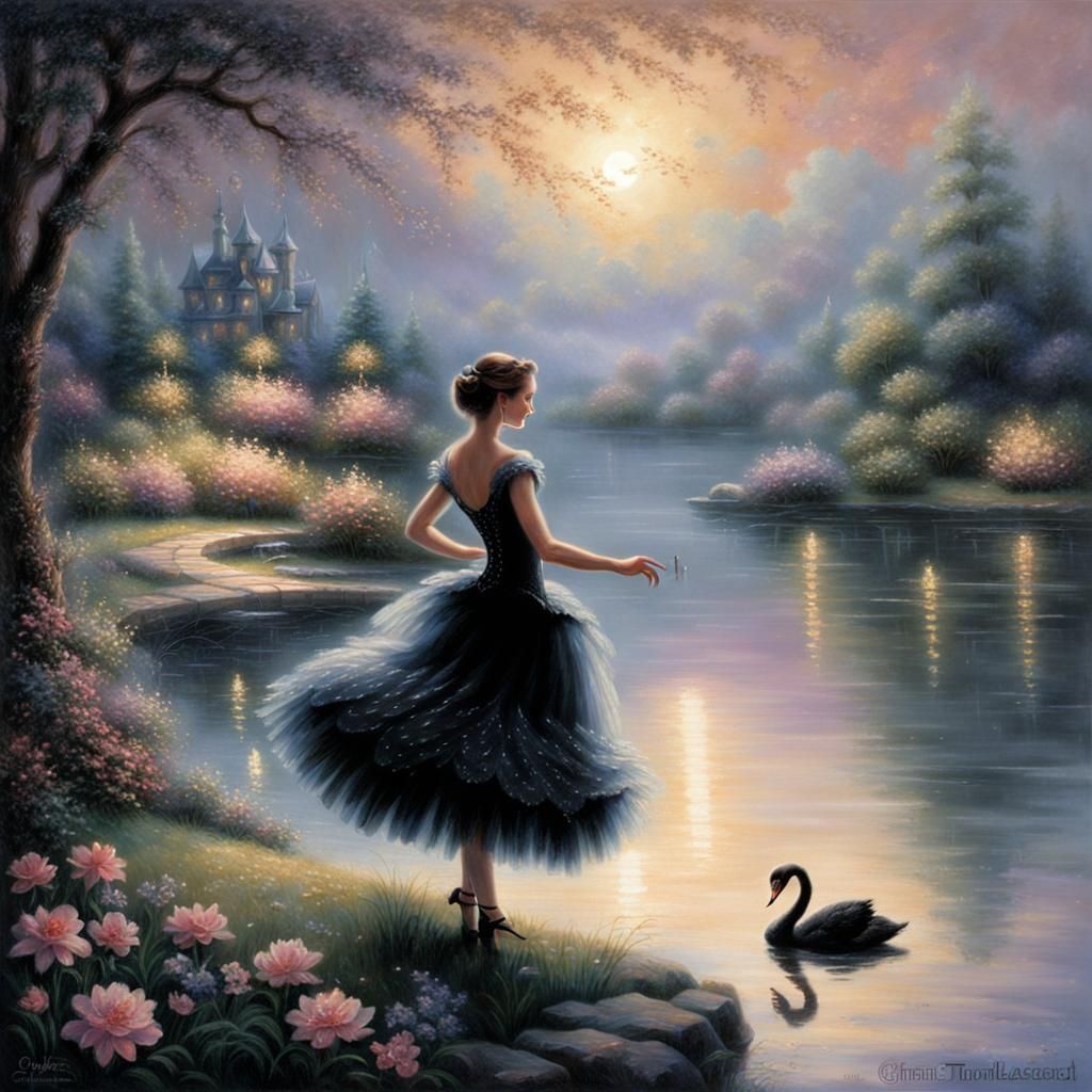 Girl Dancing in Moonlight in Black Swan Dress
