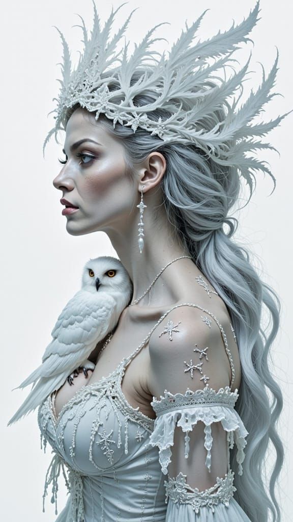 Ethereal Goddess Sketch with Snowflakes and White Owl