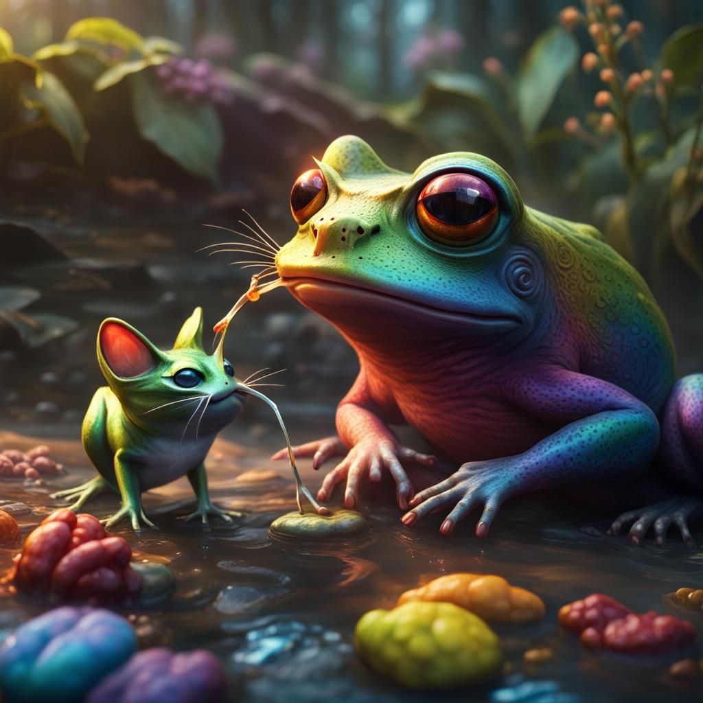 Rainbow Frog Eating a Cat in Detailed Matte Painting