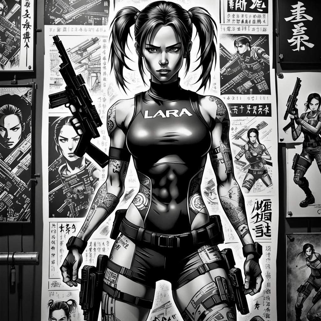 Cyberpunk Manga Lara Croft with Kanji Backdrop