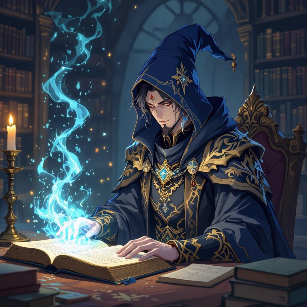 Necromancer Reading Ancient Book in Forgotten Library