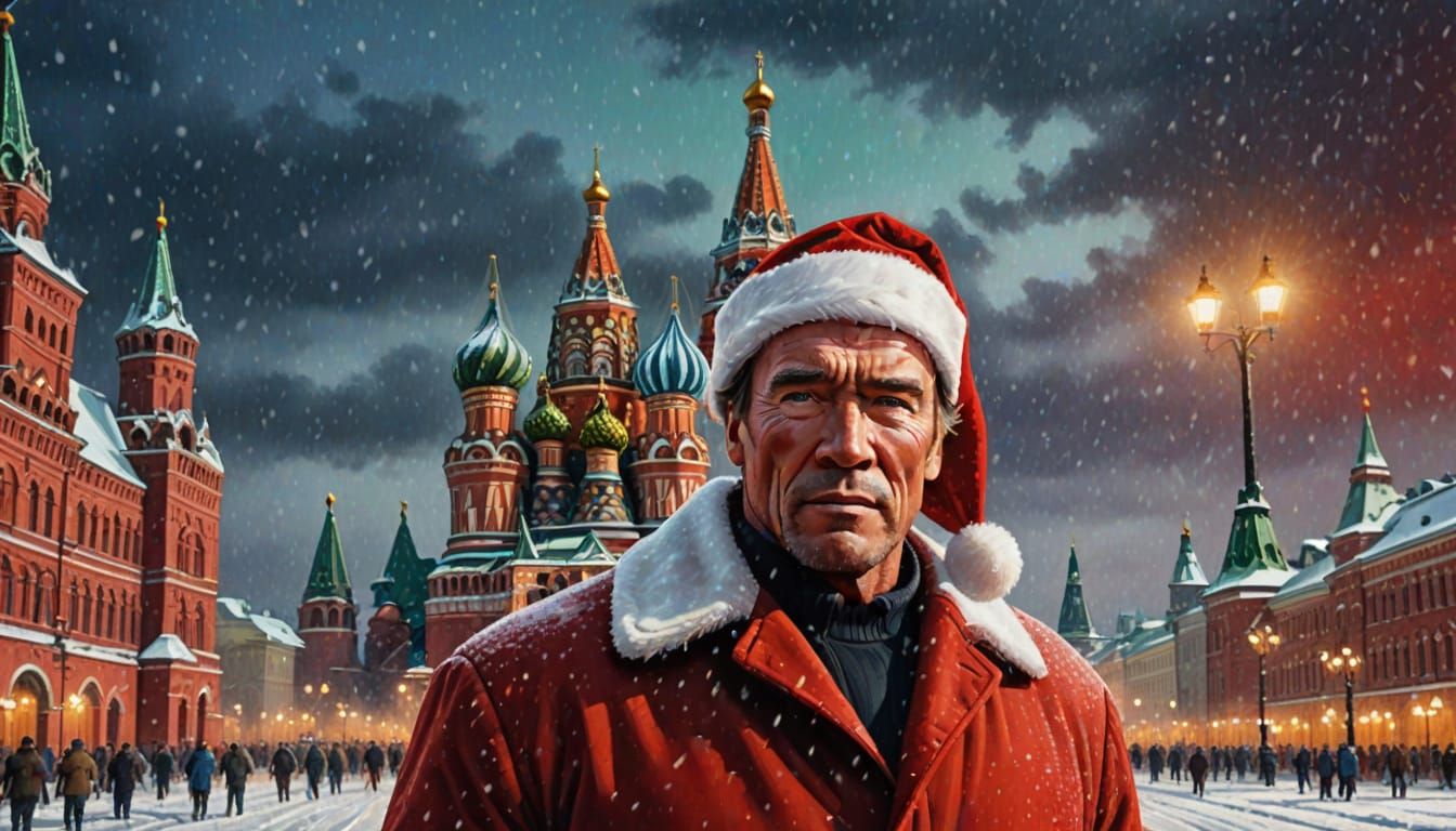 Arnold Schwarzenegger as Santa Claus on Moscow's Red Square