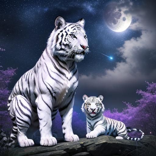 Fantasy White Tiger Under Starry Moonlit Sky