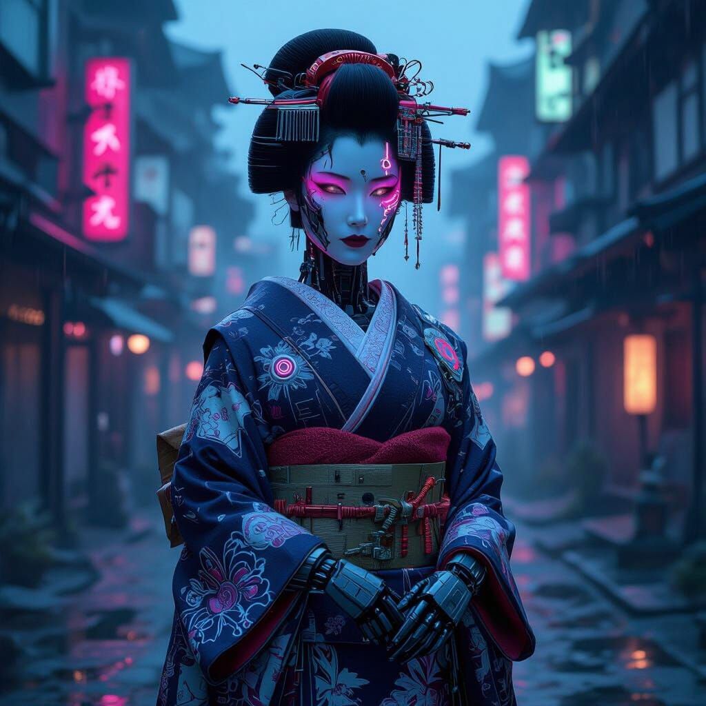 Cyborg Geisha Warrior in Futuristic Cityscape