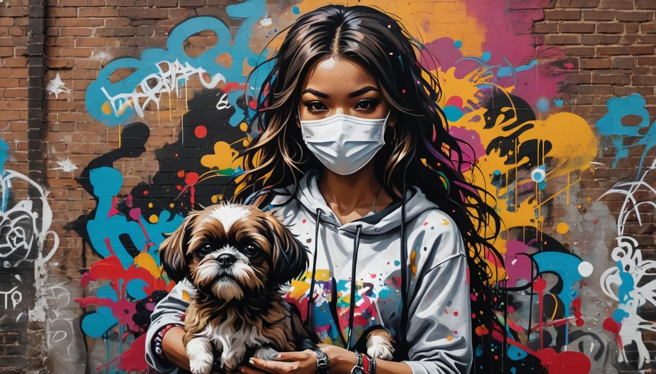 Super Heroine and Shih Tzu in Graffiti Art