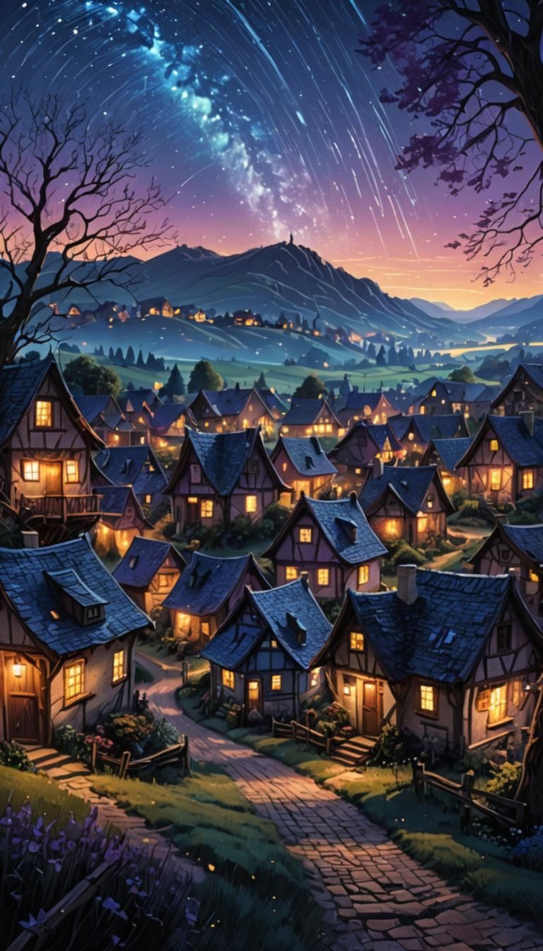 a starry sky without moon over a village, a magnificent starry night, by Alex Ross and Carne Griffiths, Lou Xaz, Alan Le...