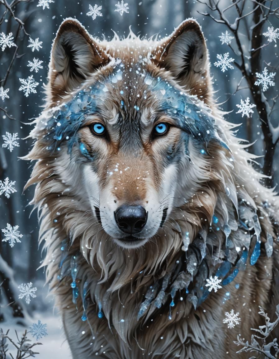 Wolf with Icy Blue Eyes in Winter