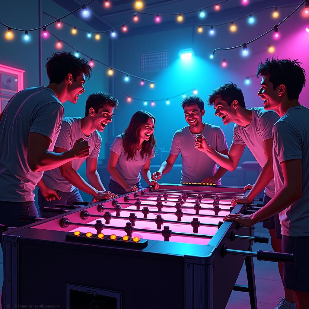Ecstatic Friends Celebrate Foosball Goal in Neon Game Room