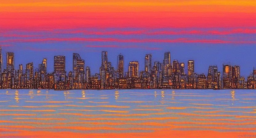 Cityscape at Sunset in Moebius Style