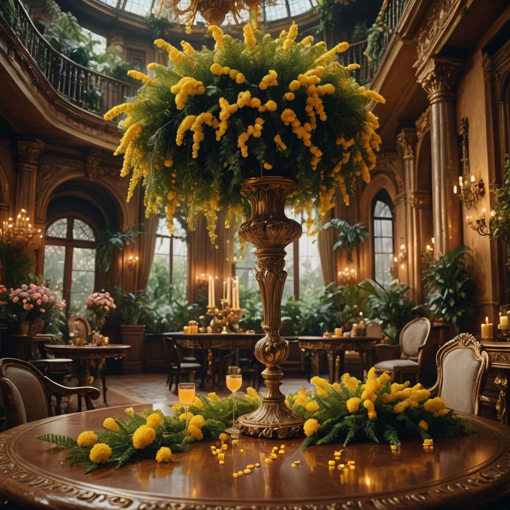 Majestic Mimosa on Golden Table: Cinematic Still Life