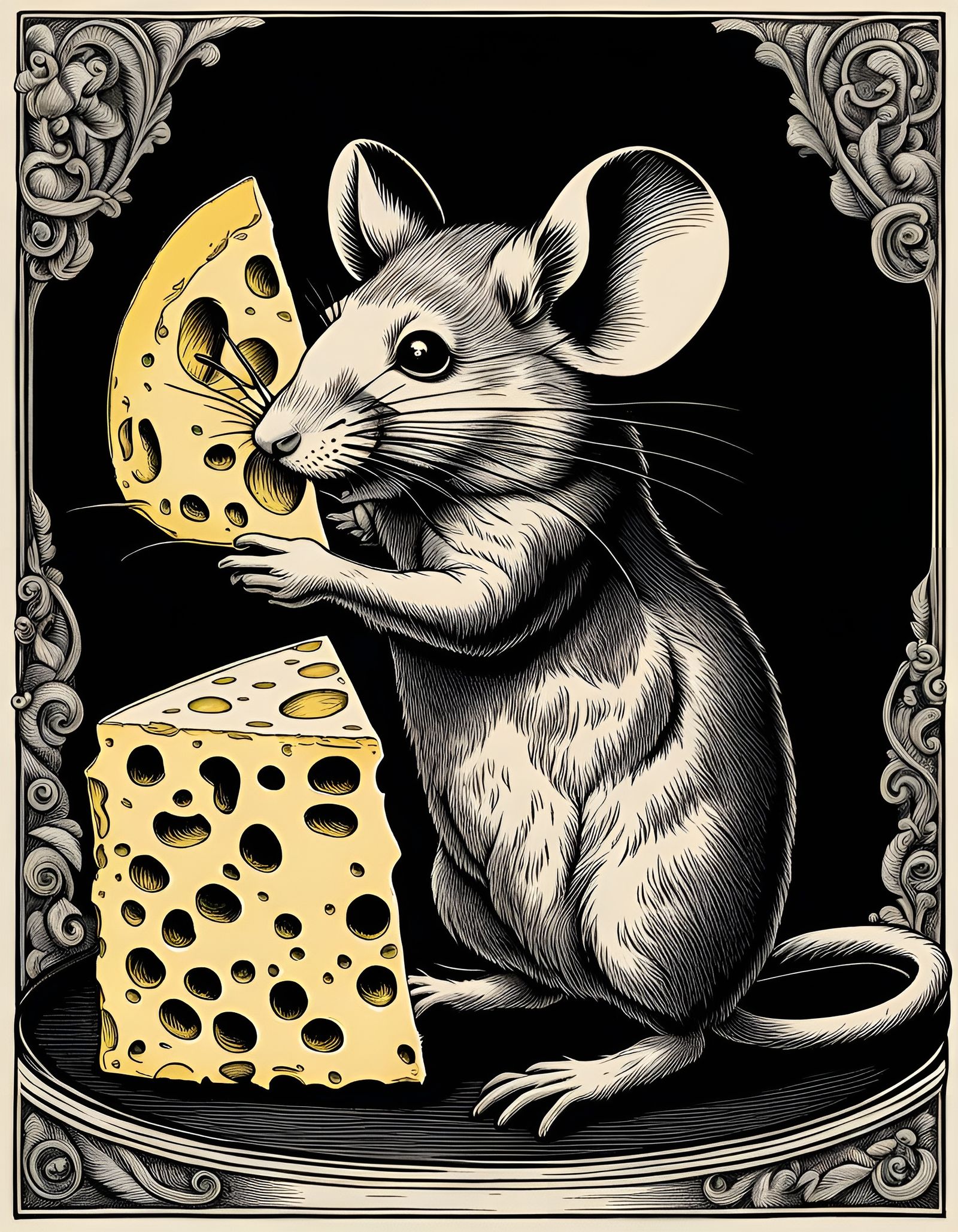 Mouse with Cheese in Woodcut Style