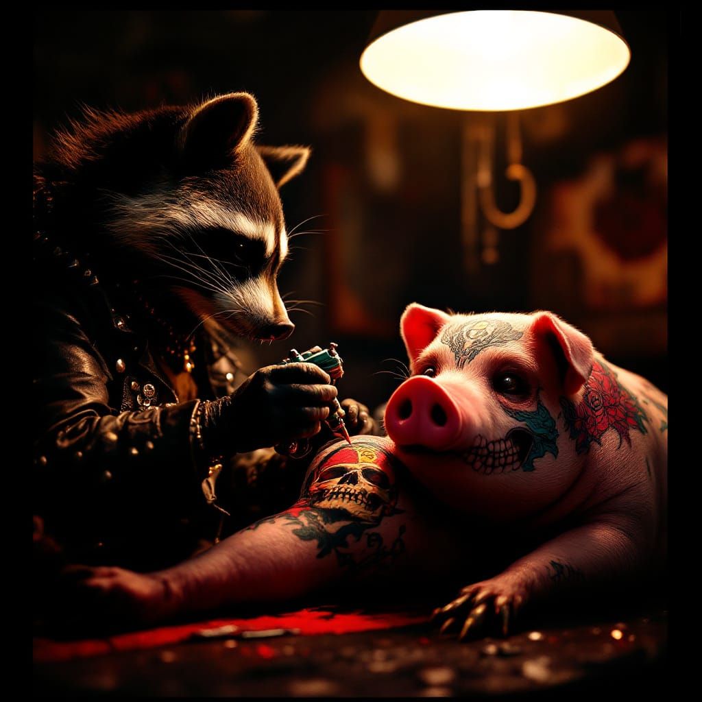 Raccoon Tattoo Artist Inking Pig in Gritty Film Style