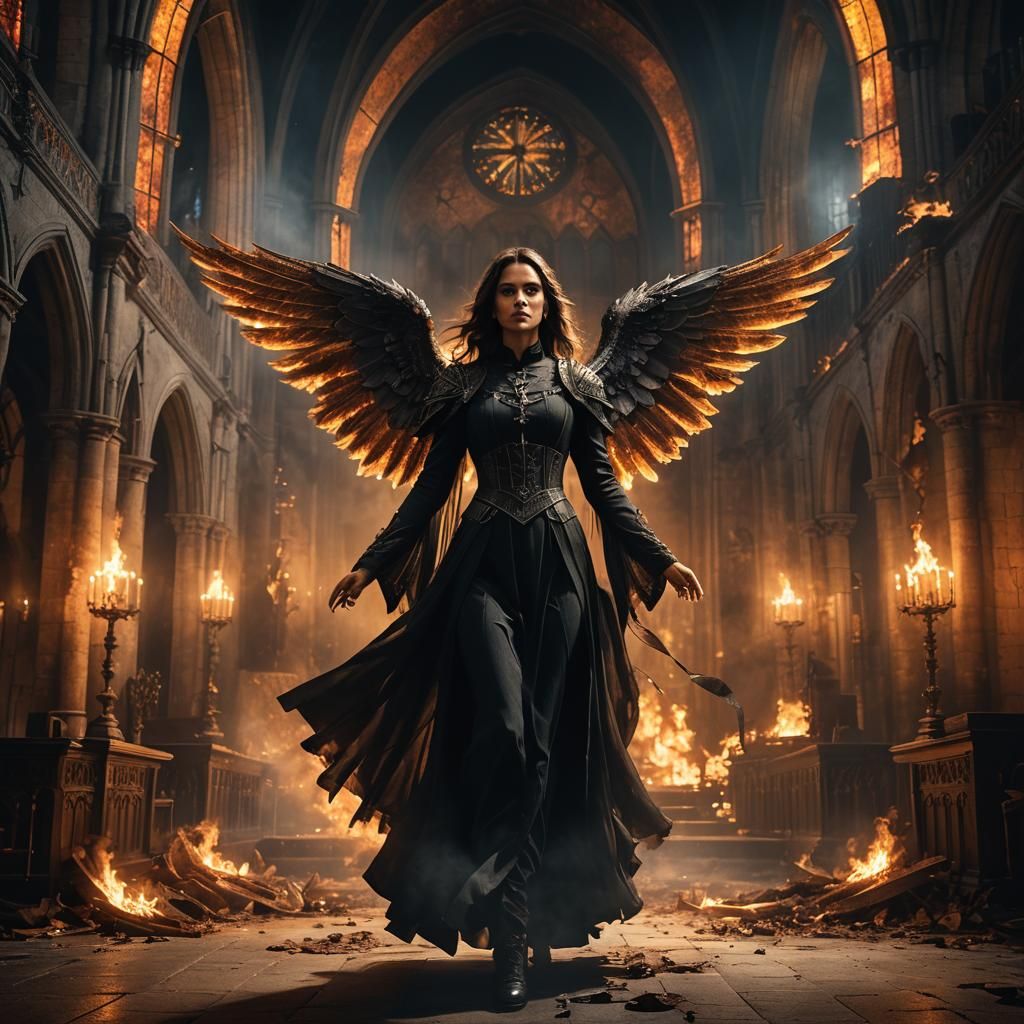 Gothic Angel Ignites in Blazing Temple