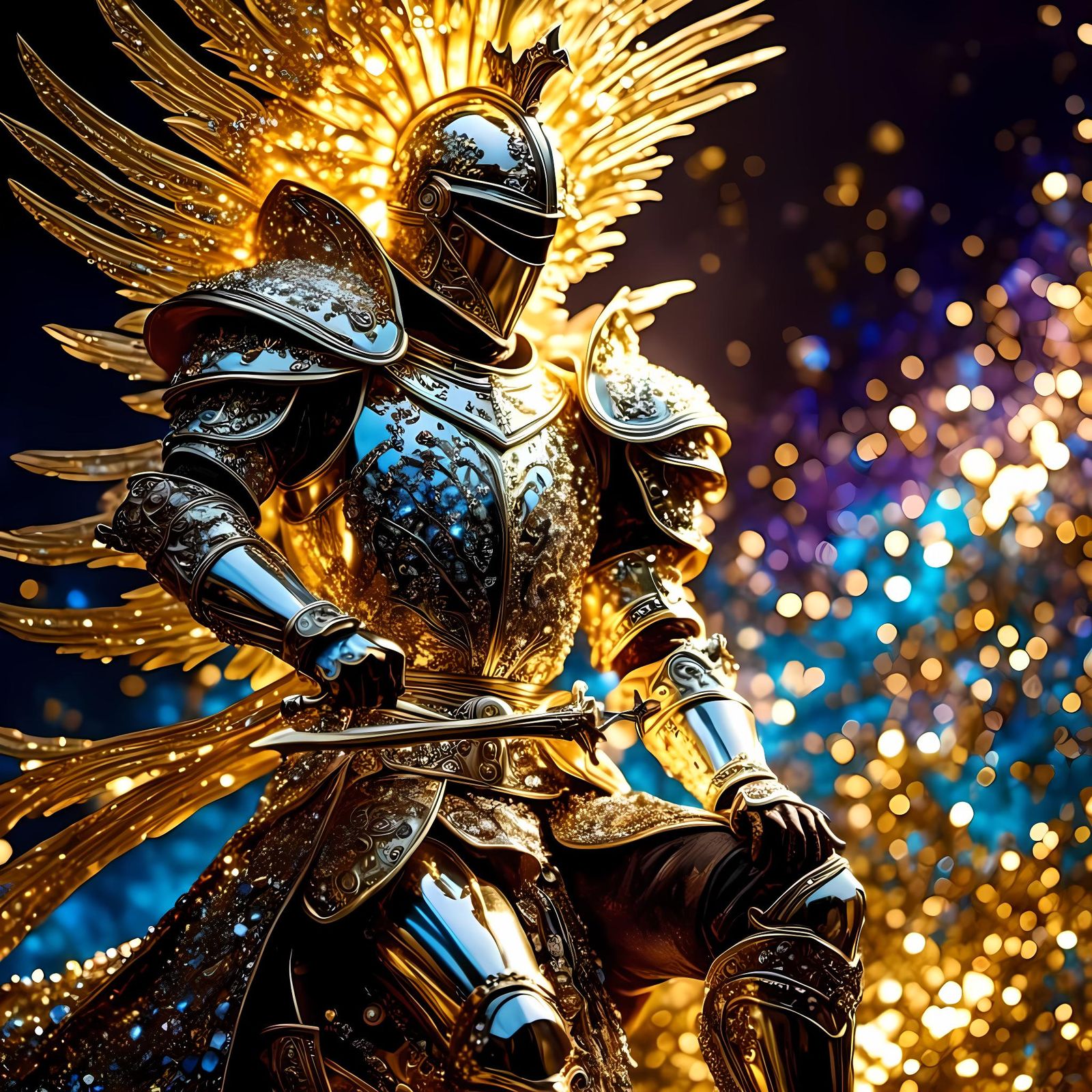 Knight in Mirrored Armor Bathed in Sunlight